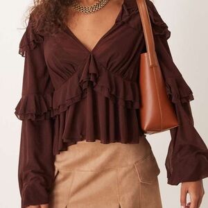 ASOS Dark Brown Ruffled Blouse